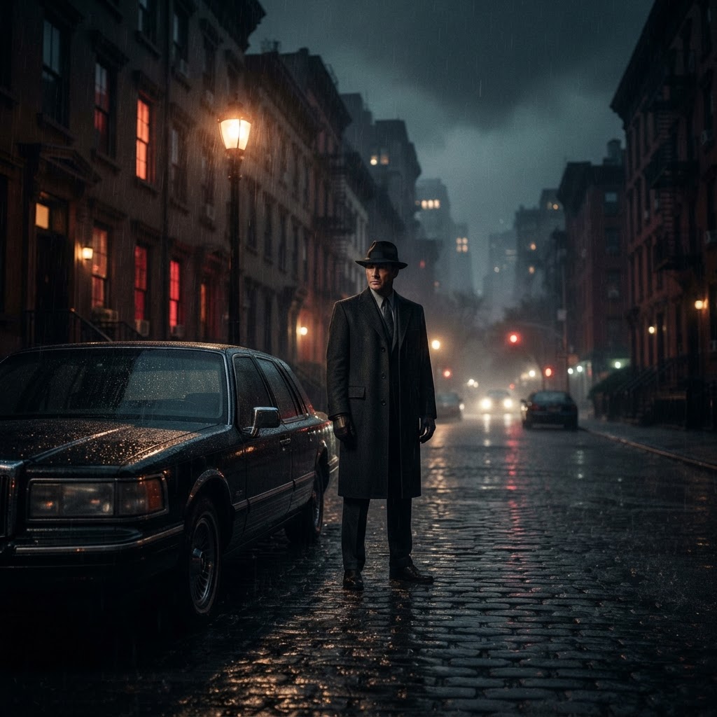 A rain-slicked New York City street at night with a dark-suited figure under a streetlight beside a black town car, deep crimson and black tones.
