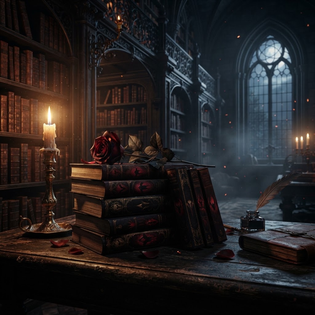 A candlelit gothic library with stacked vampire romance novels, a red rose, fog and embers, deep crimson and black tones.