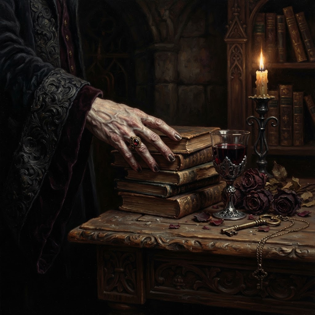 An ancient vampire's hand reaching toward a stack of five leather-bound books on an ornate dark wooden table, with a goblet, dried roses, and a key in candlelight
