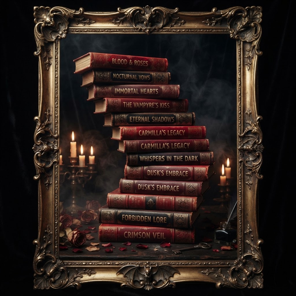 Ten antique books with crimson spines arranged on black velvet, gothic vampire romance reading list