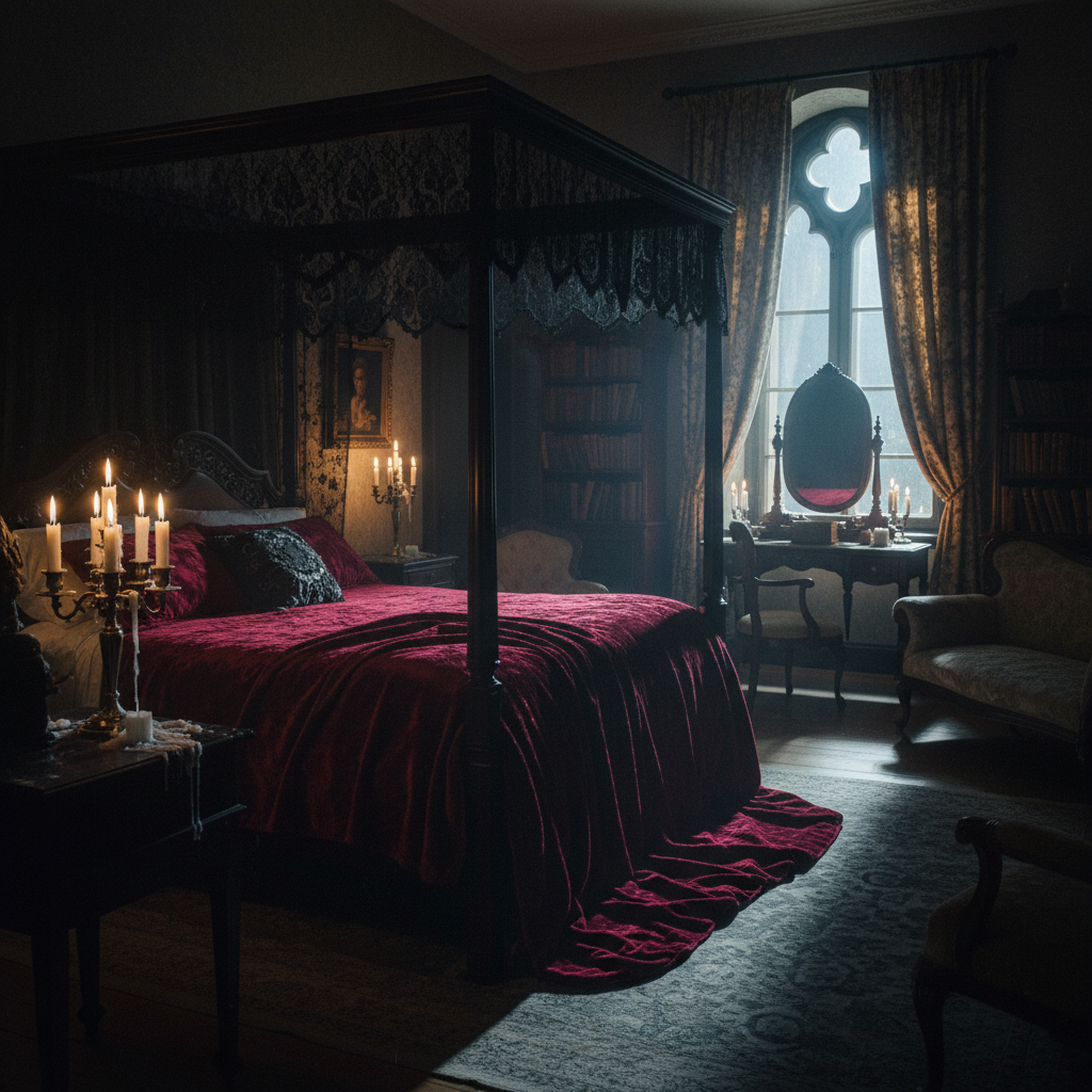 A dark gothic interior bathed in candlelight