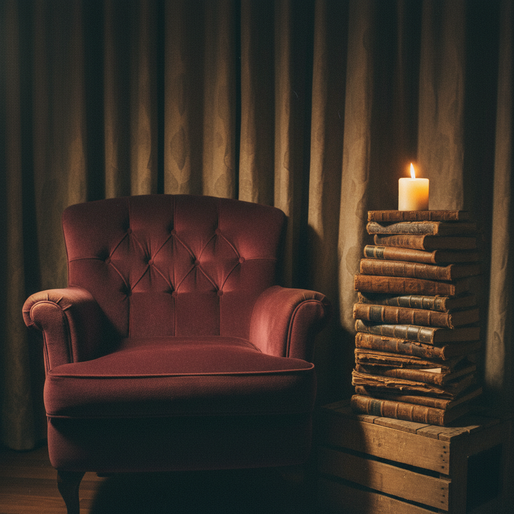 A cozy dark reading nook with stacked books