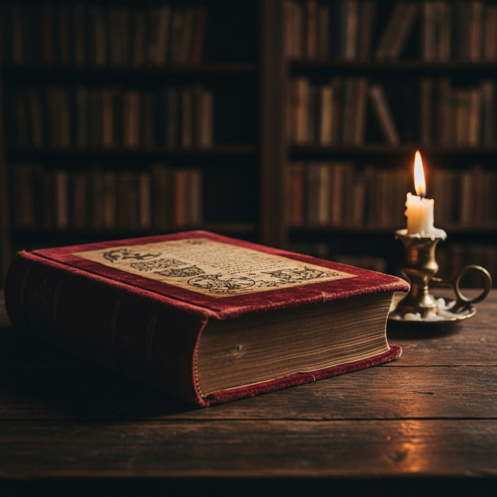 An ancient crimson velvet book open under candlelight