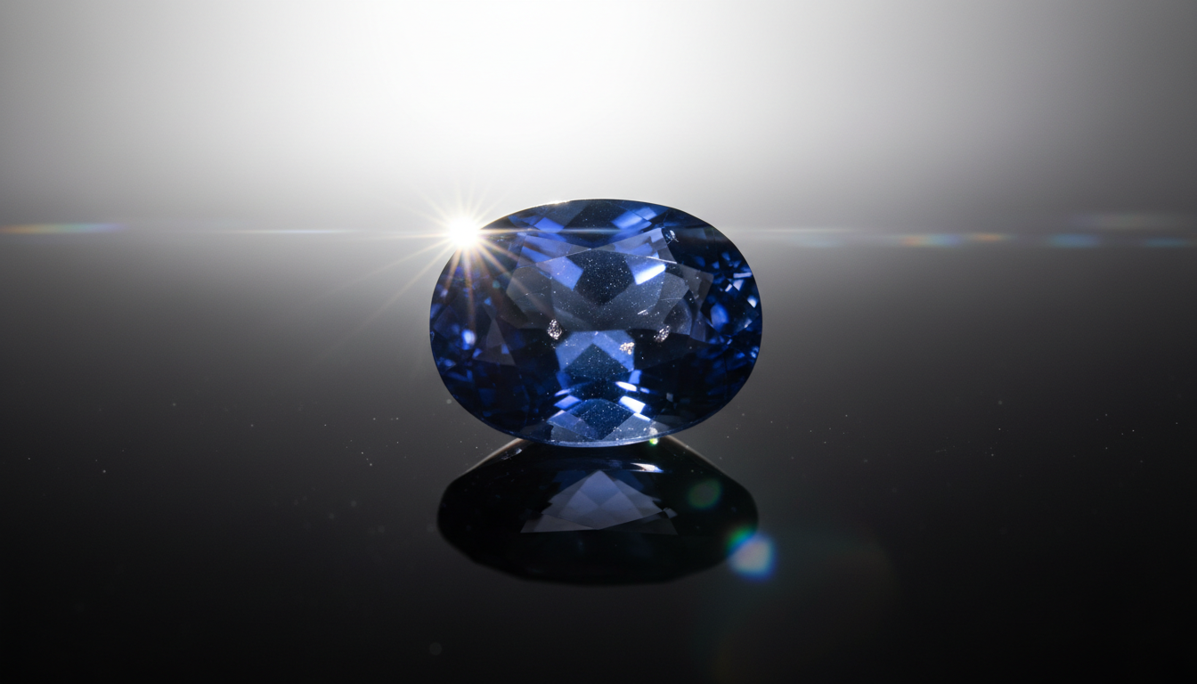 Macro view of an exceptional unheated blue sapphire with spectral light refracting through its facets