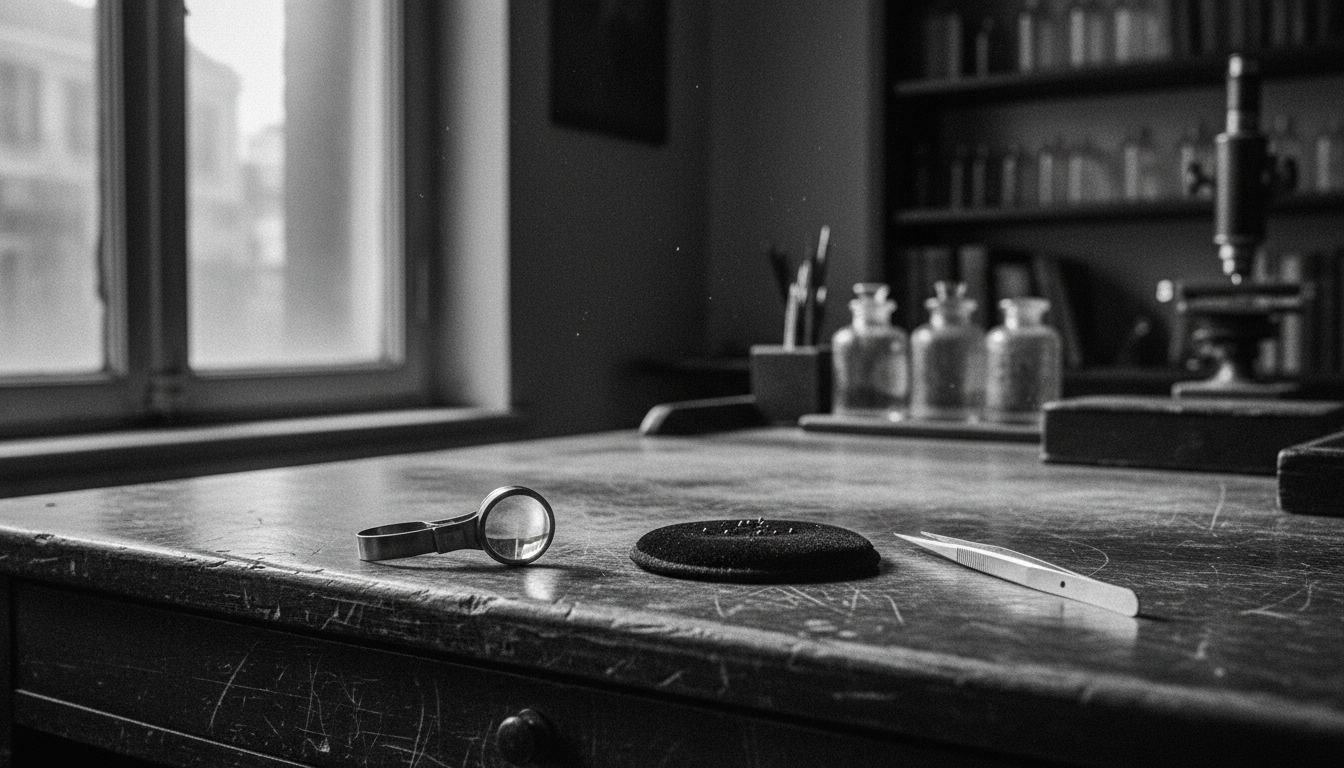 Black and white photograph of a gemologist's loupe and tweezers on a desk in the Antwerp Diamond Center