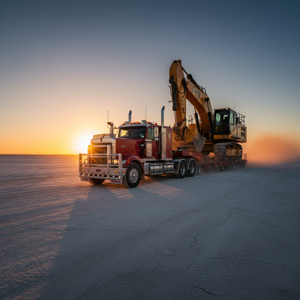 Heavy haulage transport crossing the Queensland outback at sunset