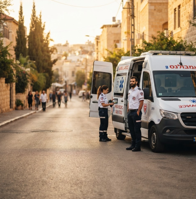 צוות פראמדיקים של מדיק ONE ליד אמבולנס ברחוב