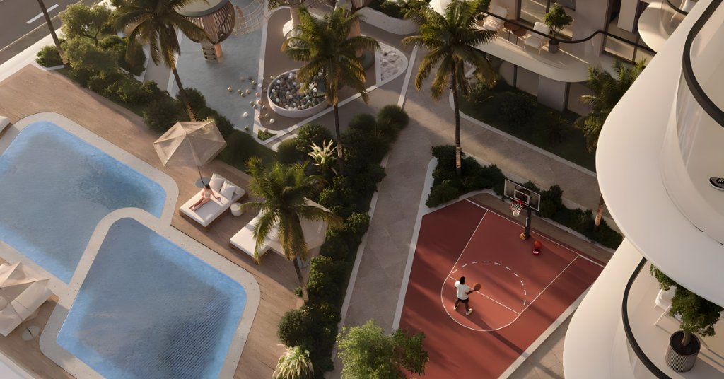 Outdoor amenities including basketball court and pool at South Haven by Samana
