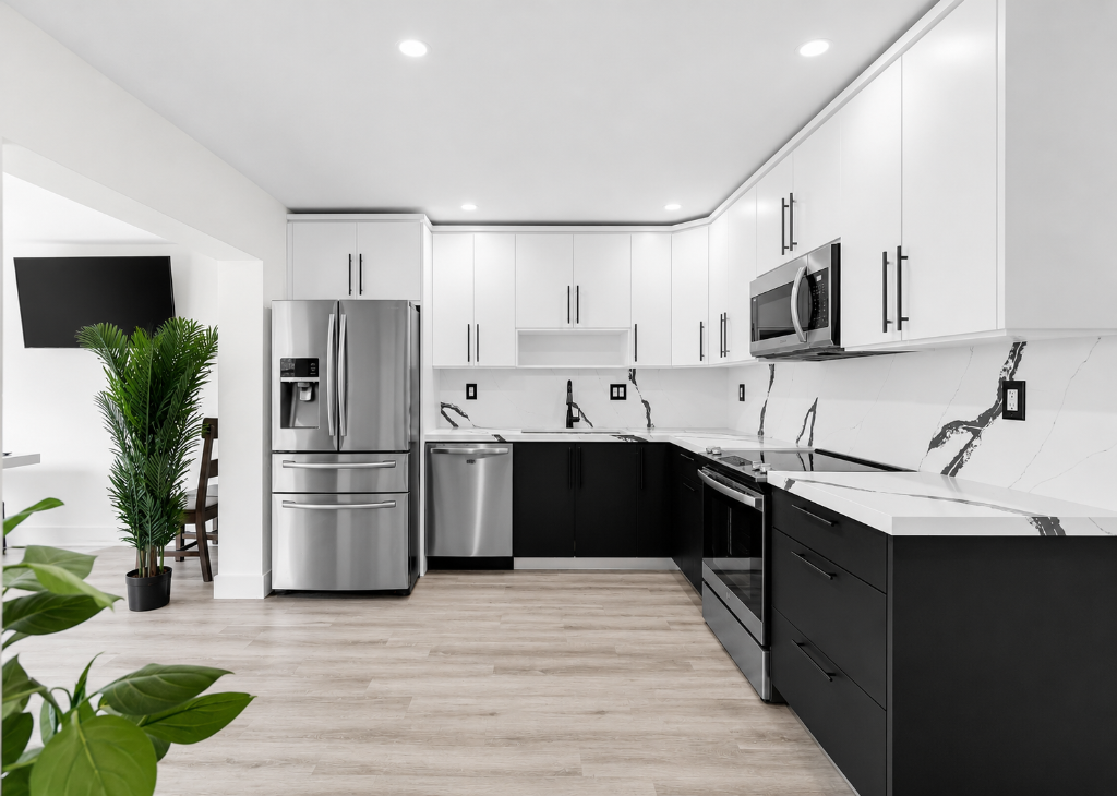L-shaped kitchen with marble countertops