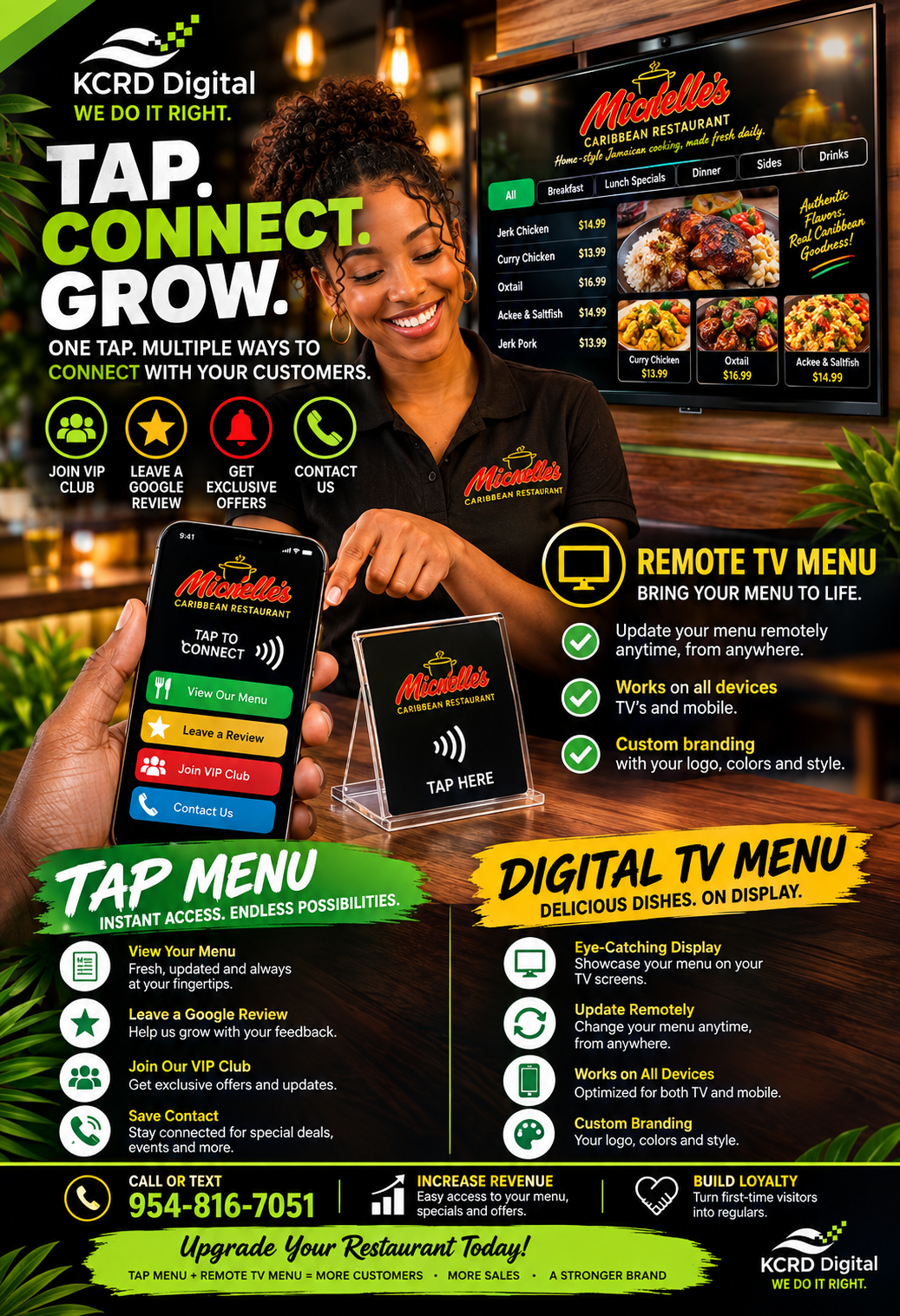Customer tapping phone to a Tap to Connect sign at Michelle's Flavors Caribbean Restaurant