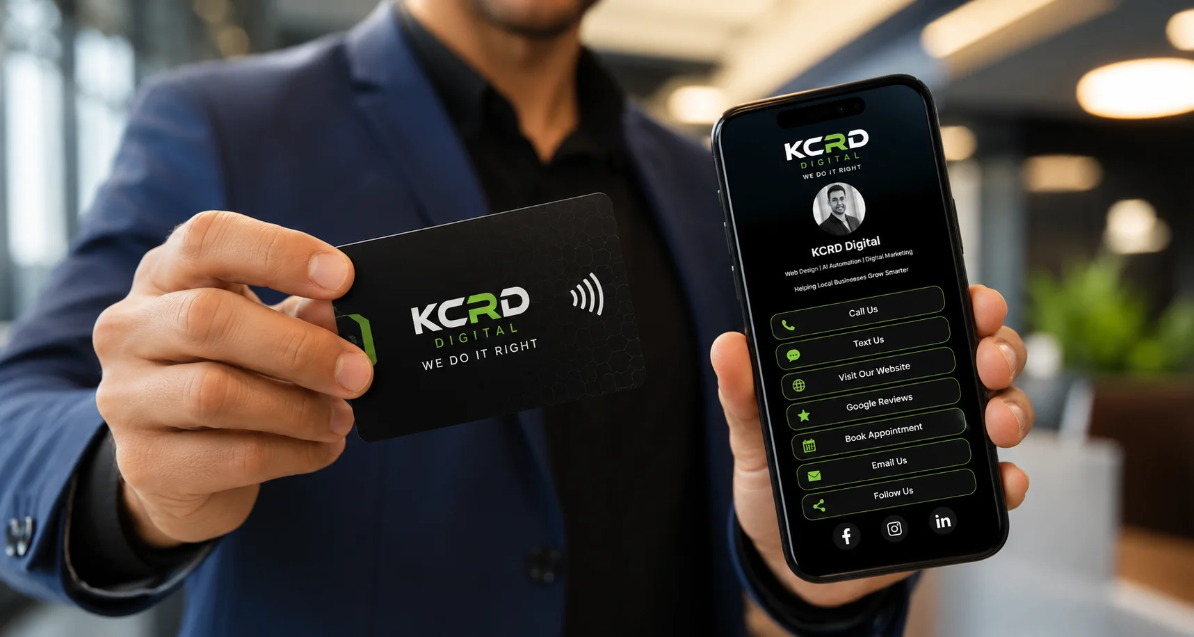 Professional holding an NFC smart business card while a phone displays a branded digital profile