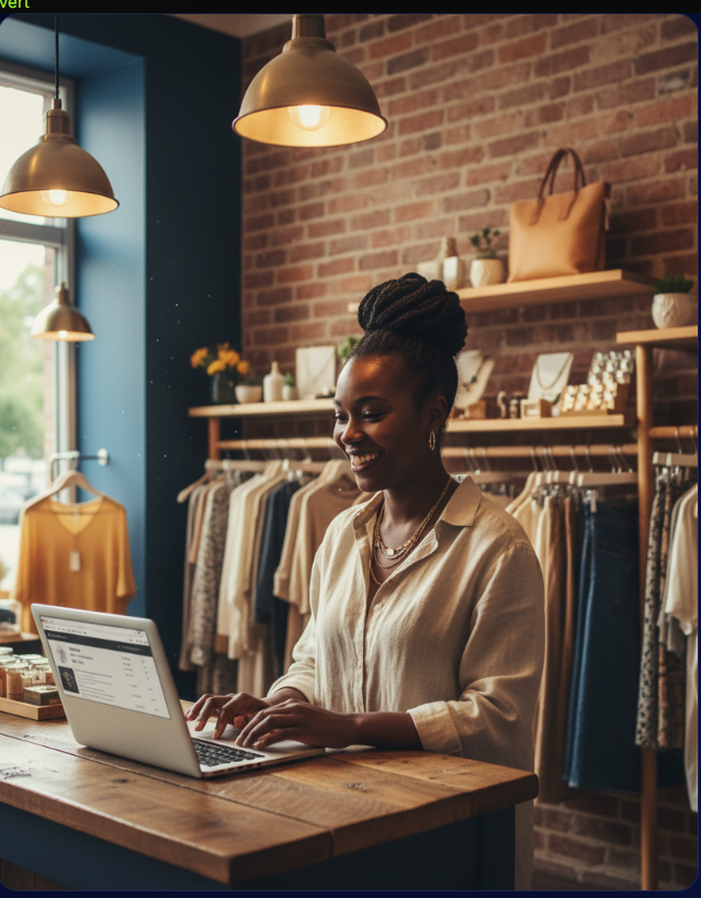 Boutique owner at her showroom workstation