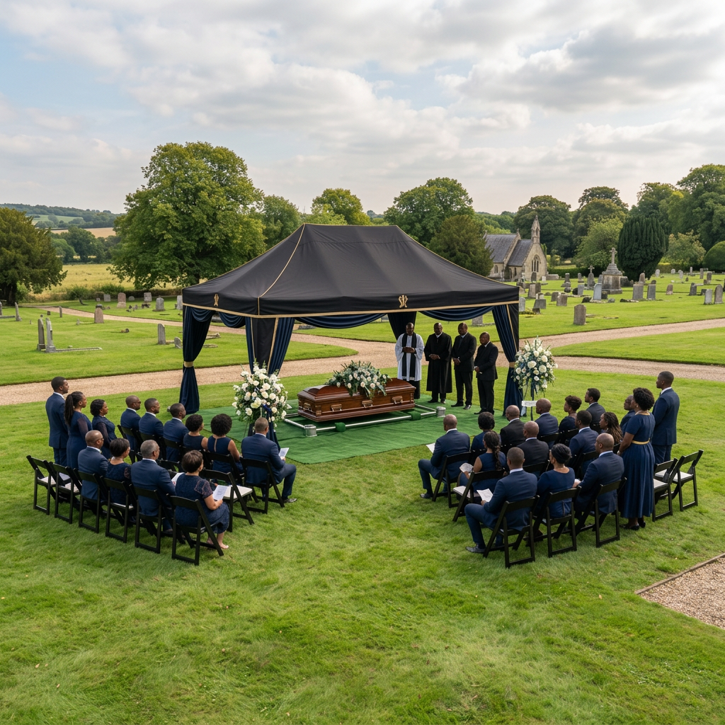 Cemetery graveside burial setup with Black mourners