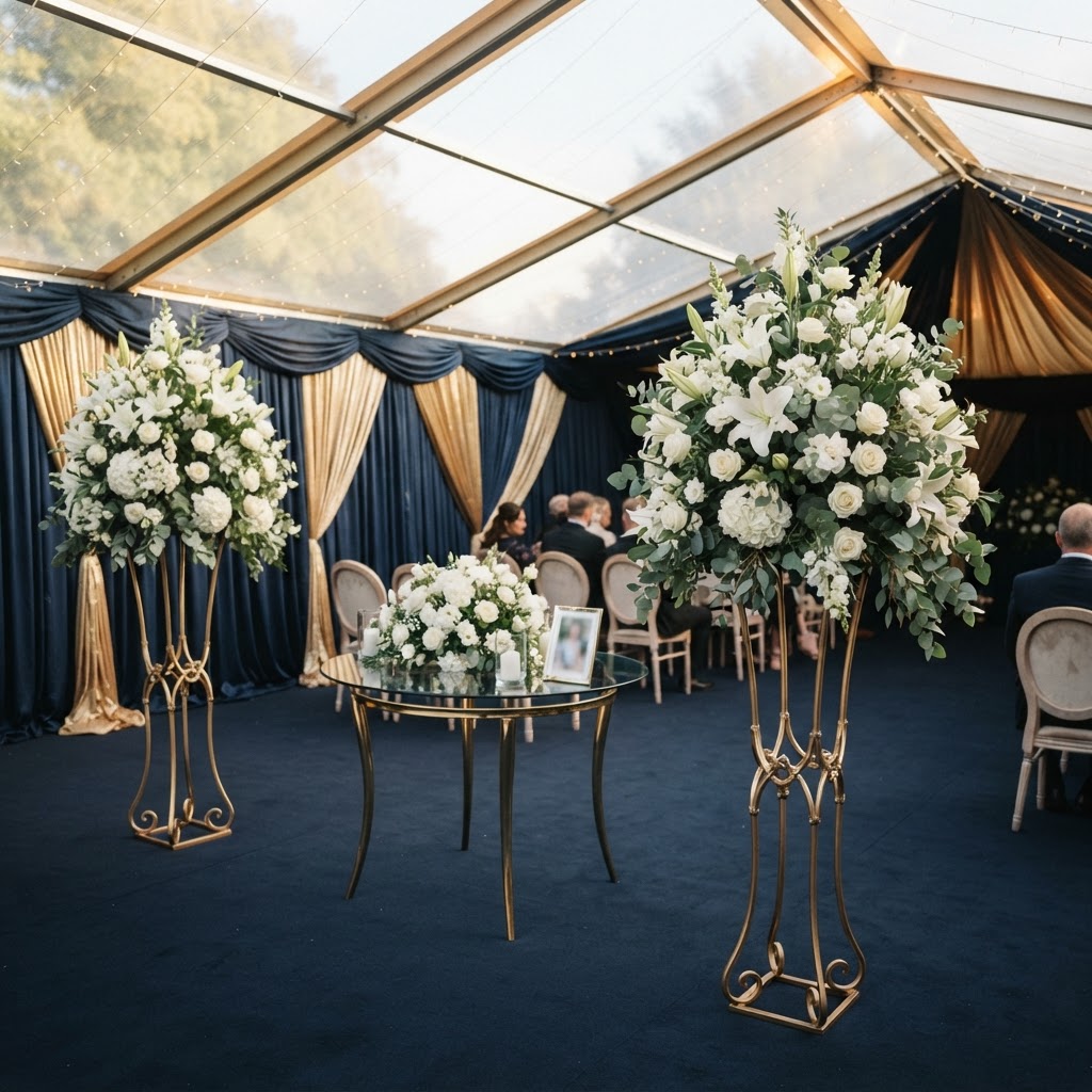 Elegant memorial floral arrangement on gold stands