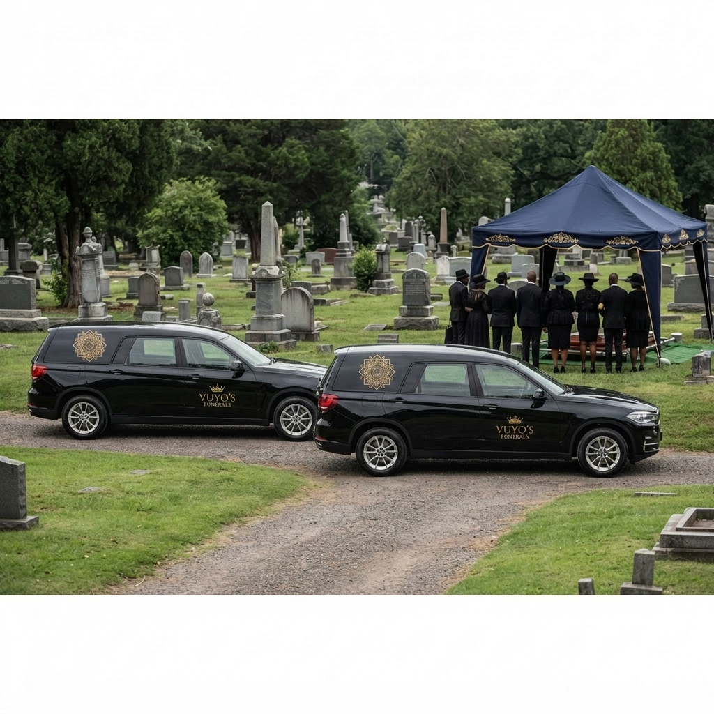 Black Vuyo's Funerals branded hearse vehicles at the cemetery with Black mourners