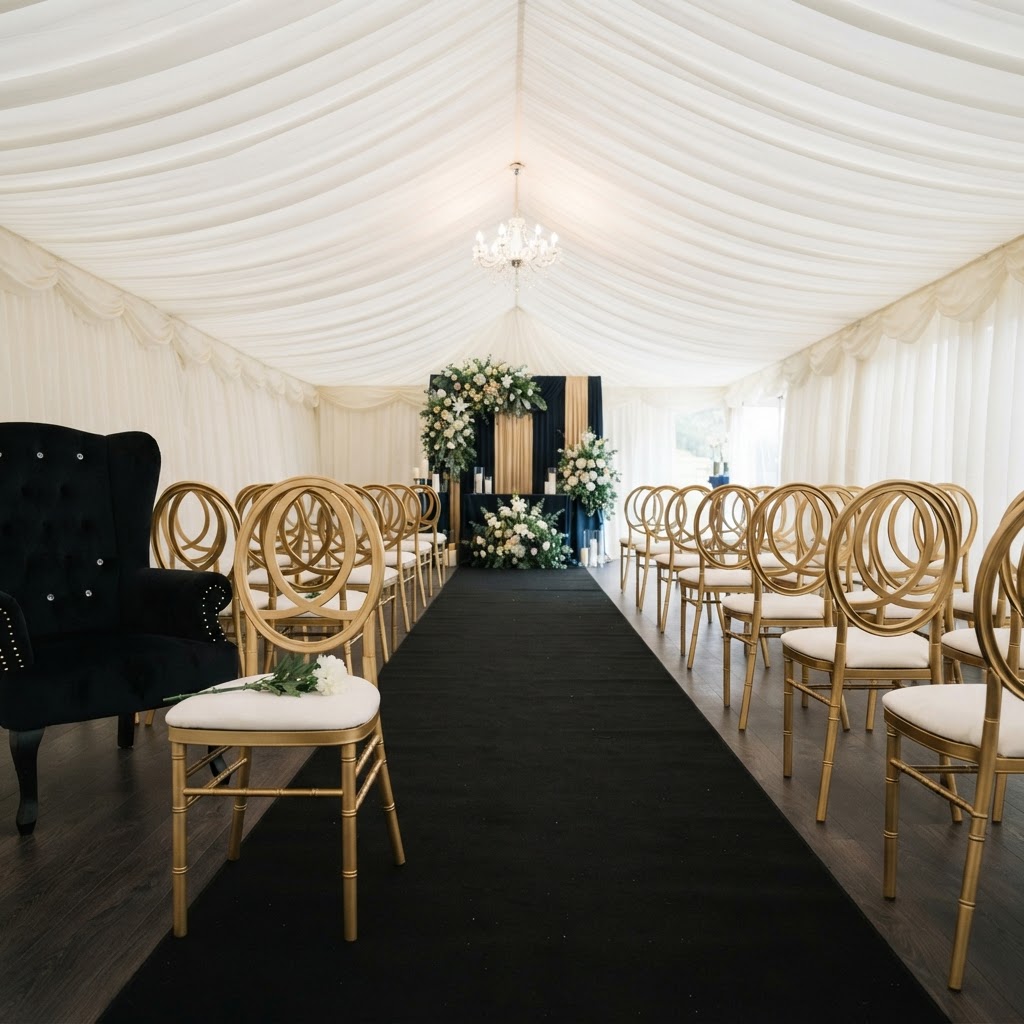 Marquee tent interior with gold-framed chairs