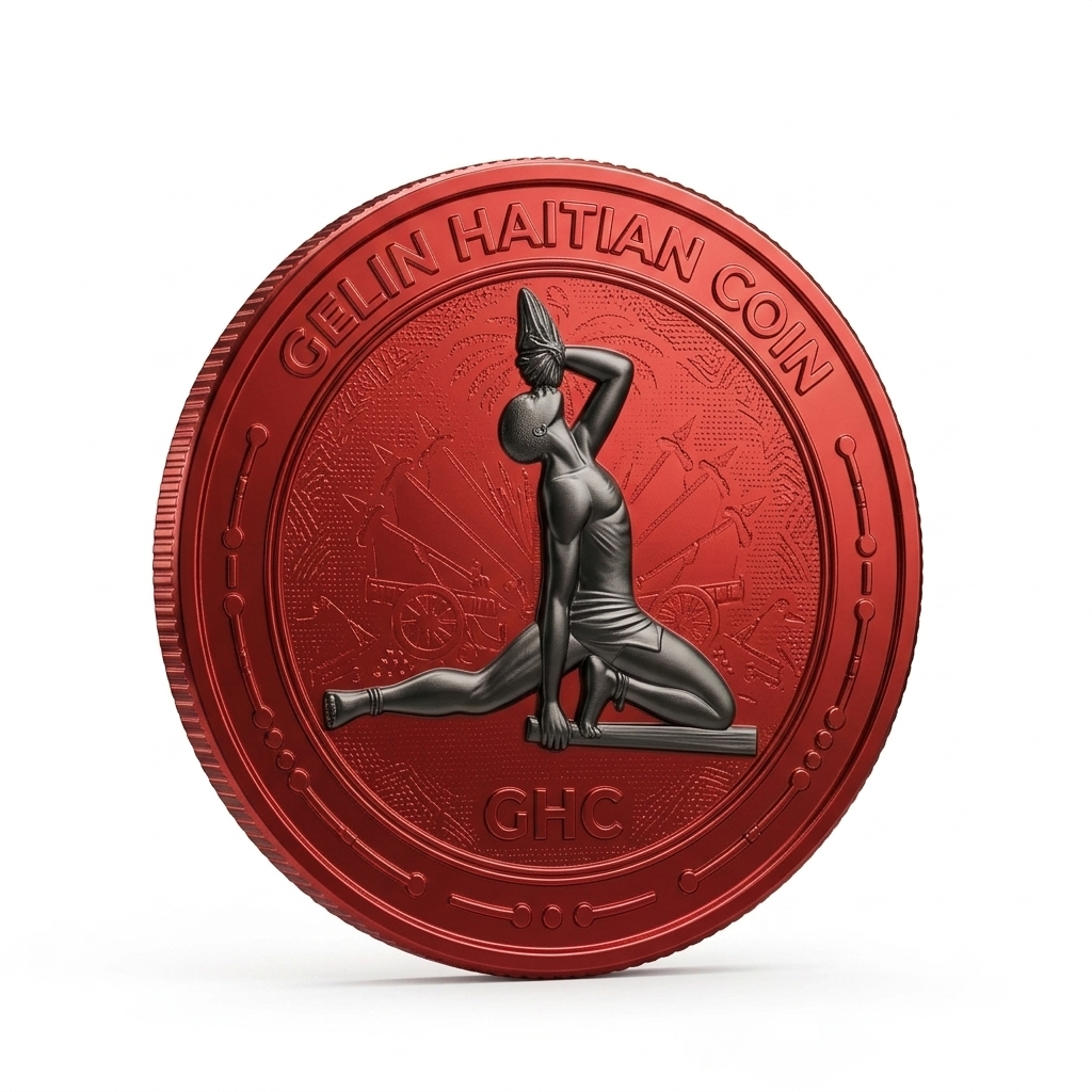 Gelin Haitian Coin — a high-contrast red and black cryptocurrency token