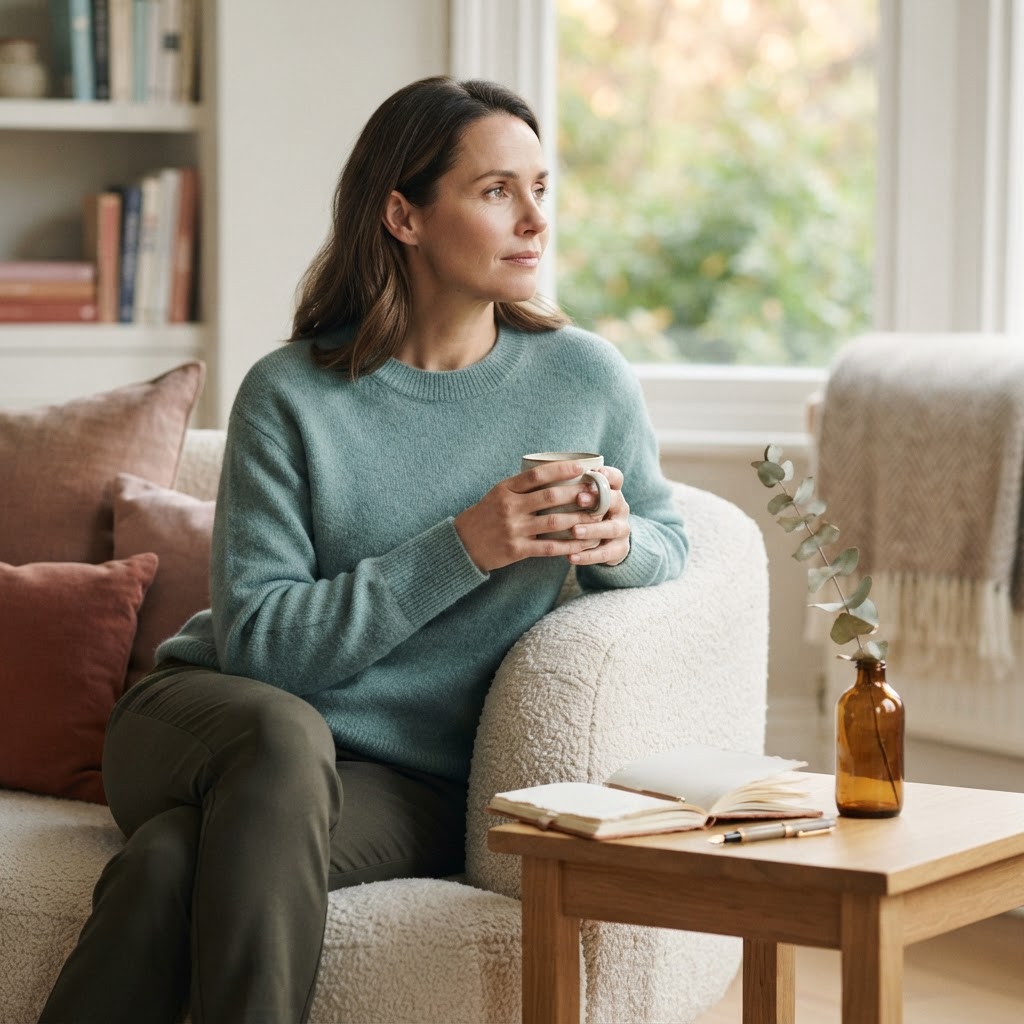 A peaceful conceptual illustration showing a person gently embracing themselves, representing self-compassion and mental well-being.