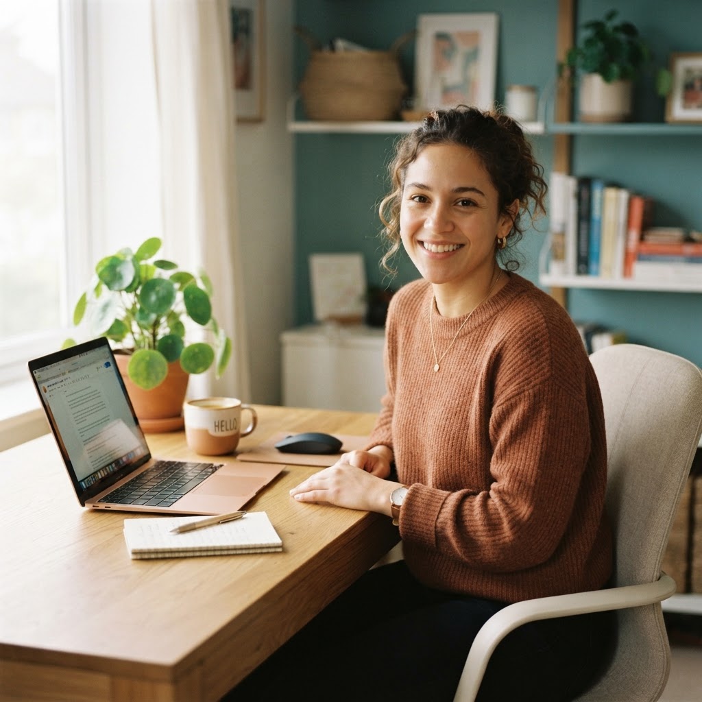 A friendly person at a desk ready to help, representing an open line of communication