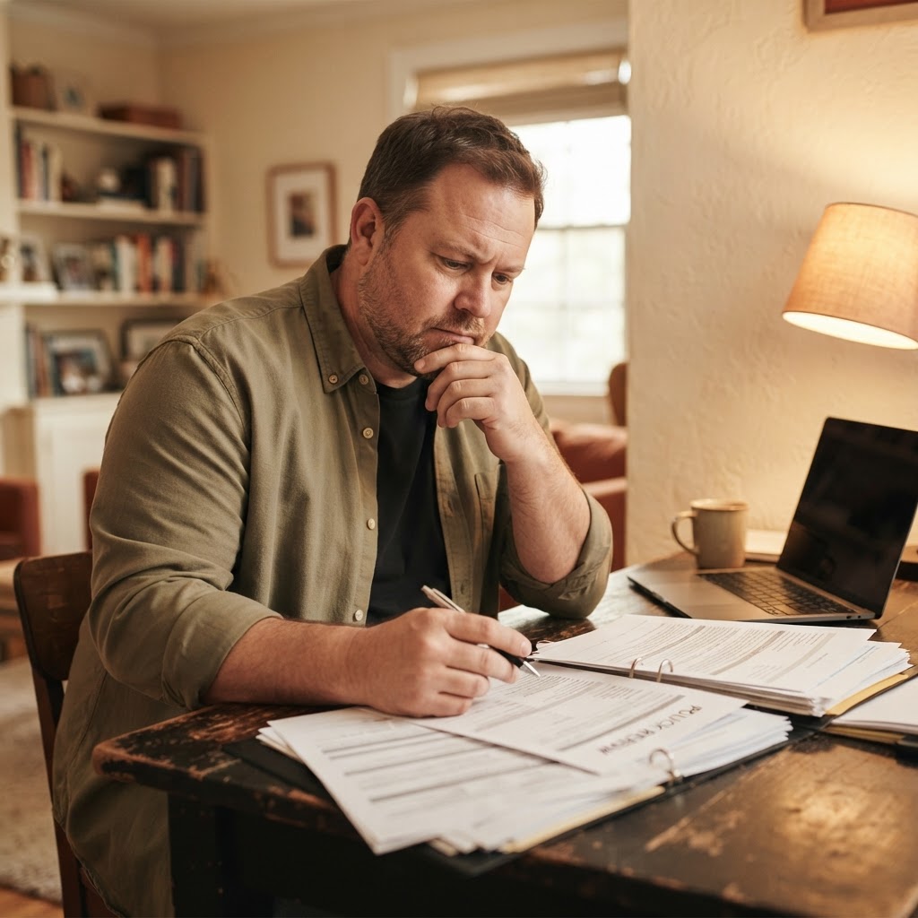 Overweight man reviewing insurance documents and paperwork at a desk with a laptop