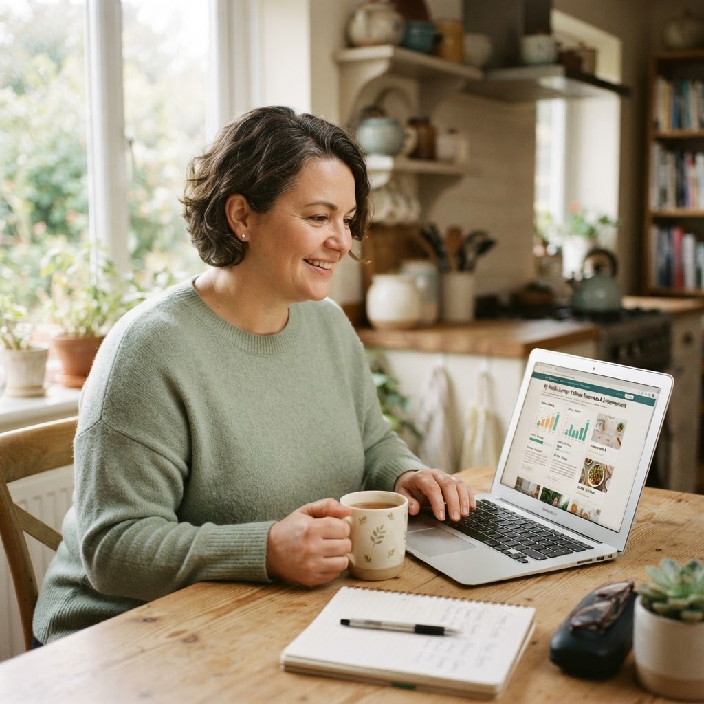 Overweight woman reviewing health information on a laptop at a kitchen table during her morning routine
