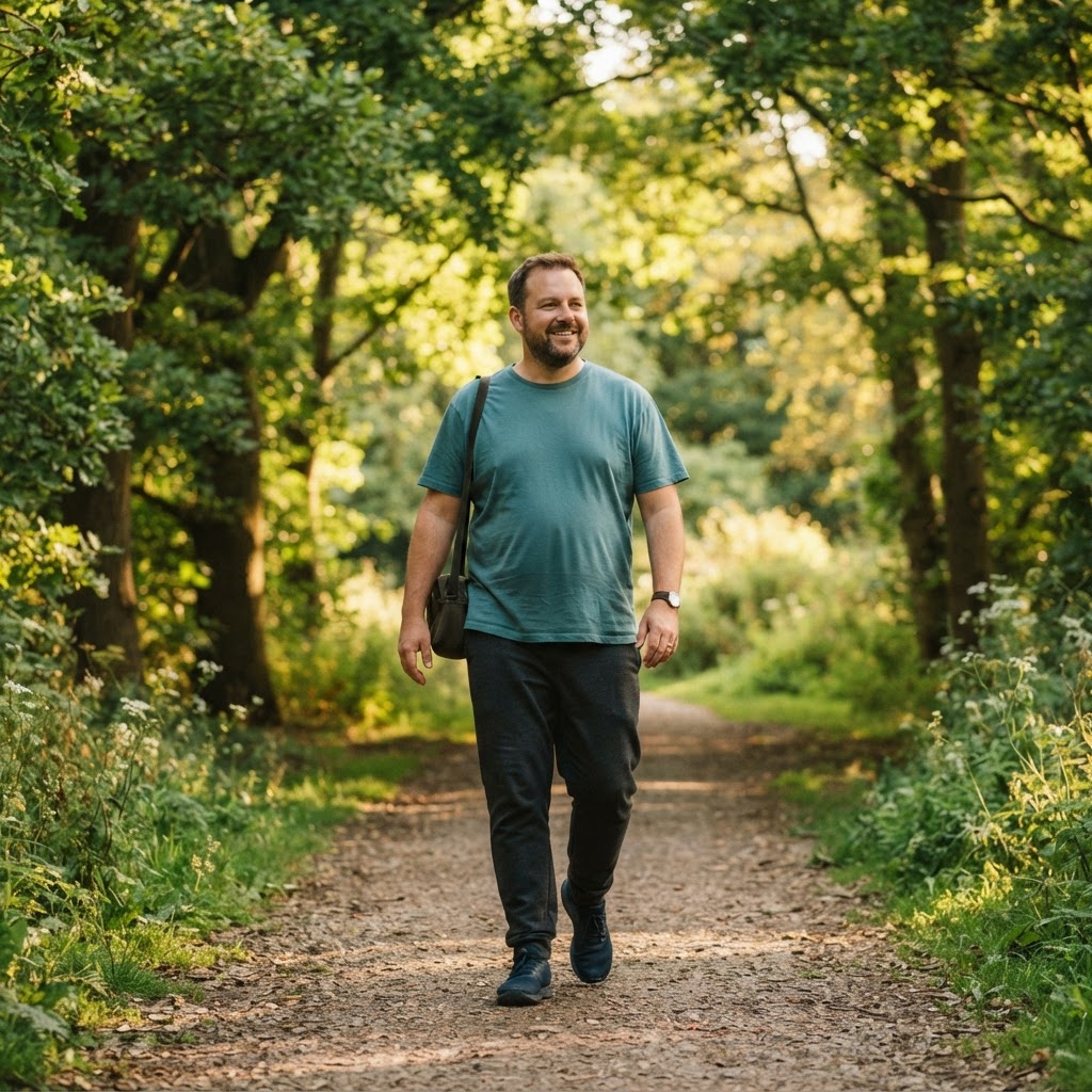 Overweight man taking a comfortable walk outdoors on a tree-lined path on a warm sunny day