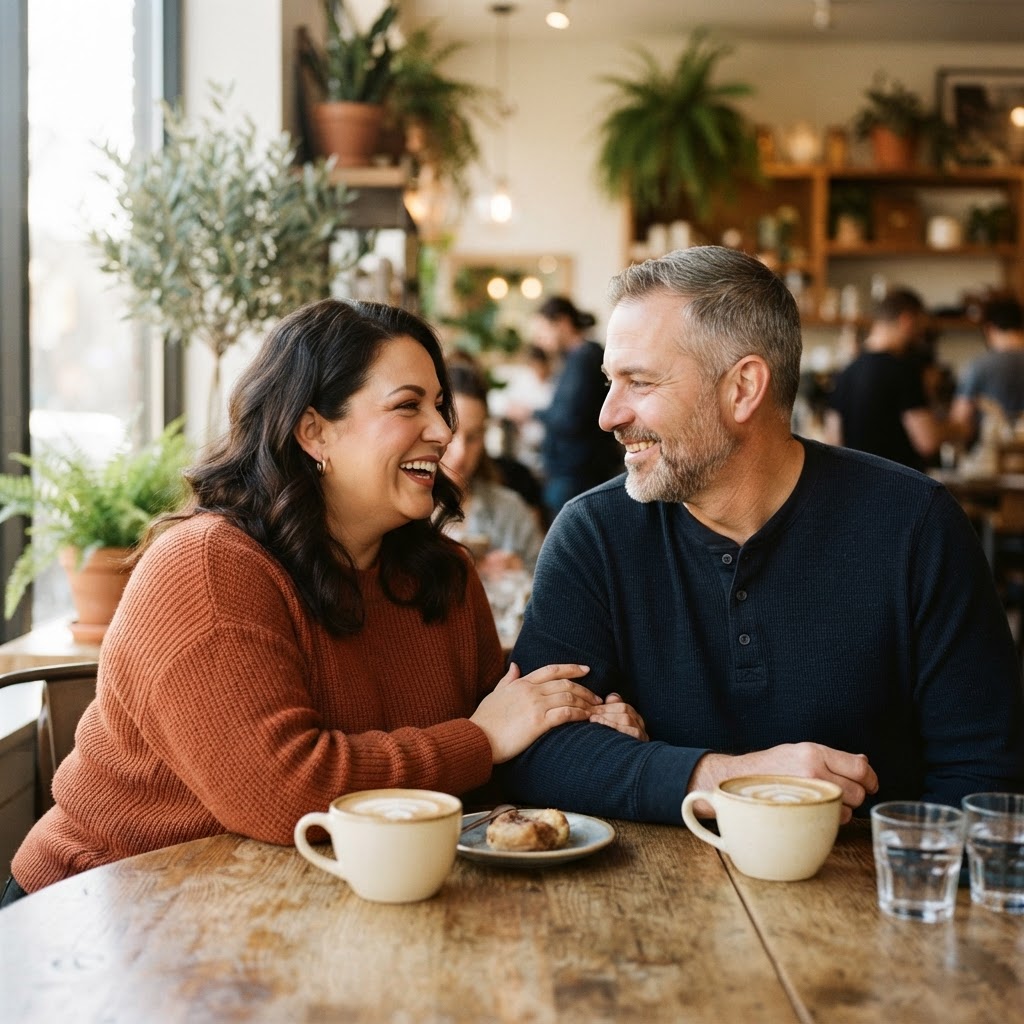 Two overweight adults having a warm, supportive conversation at a sunlit café table