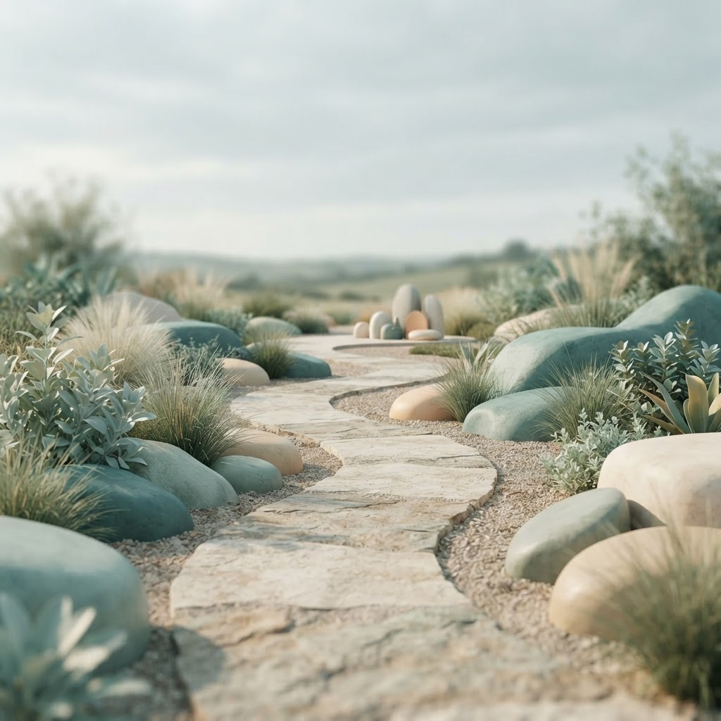 A winding, upward-sloping path set against a calm, abstract landscape, representing steady progress and navigation through a journey.