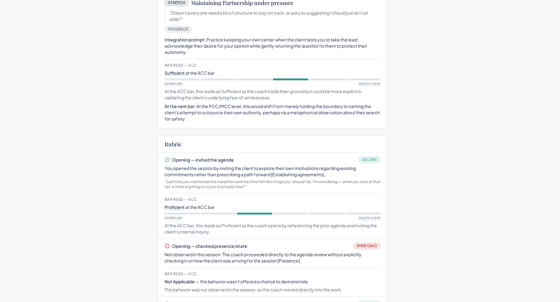 Sample Strength–Stretch report from a practice session: a stretch card with the client's challenge quote, the integration prompt, the ACC bar-read scale, and rubric rows with quote-anchored evidence and Secure and Emerging badges