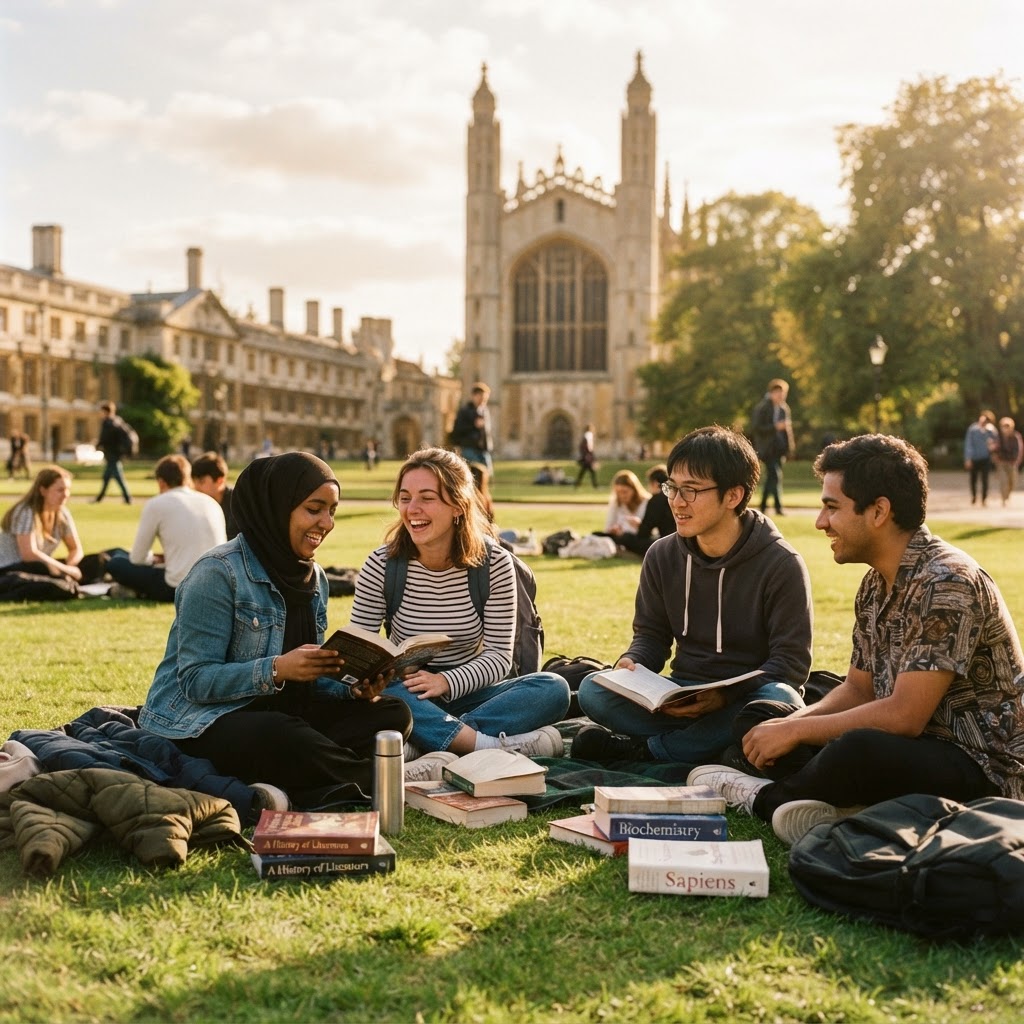 International students relaxing on a Cambridge lawn
