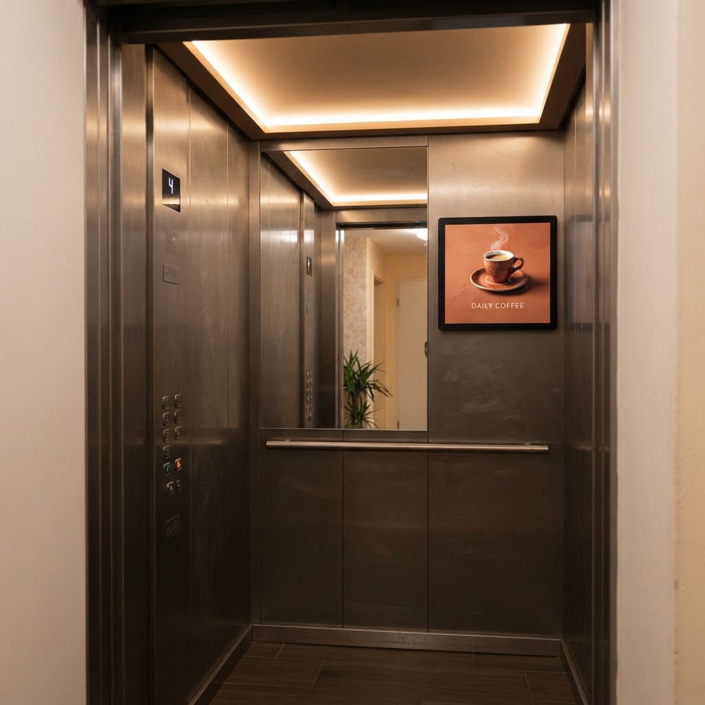 Coffee advertisement on an elevator screen