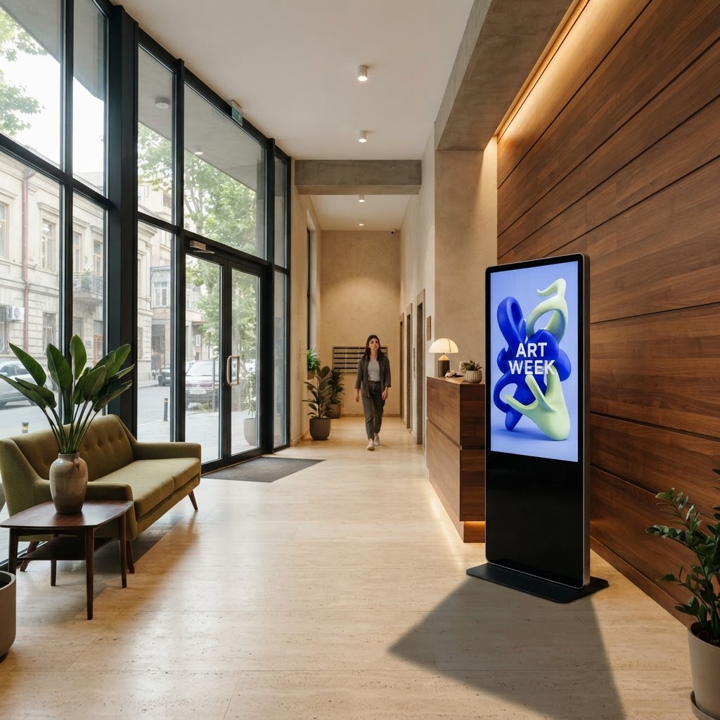 Illustrative digital advertising kiosk in a building lobby