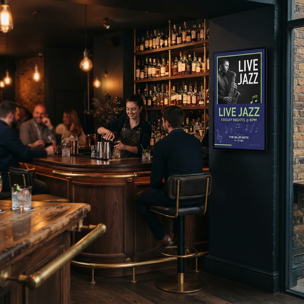 Live jazz advertisement on a digital screen in a warm contemporary bar