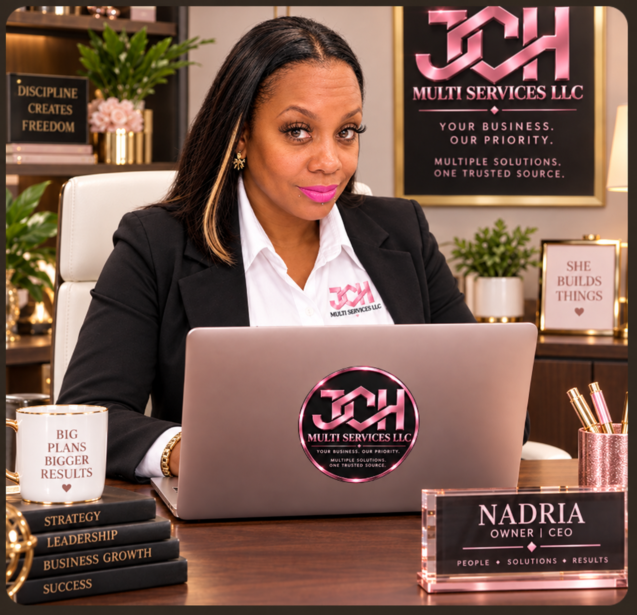 Terry, Owner and CEO of JCH Multi Services LLC, at her desk in Fort Lauderdale — professional tax preparation and business services