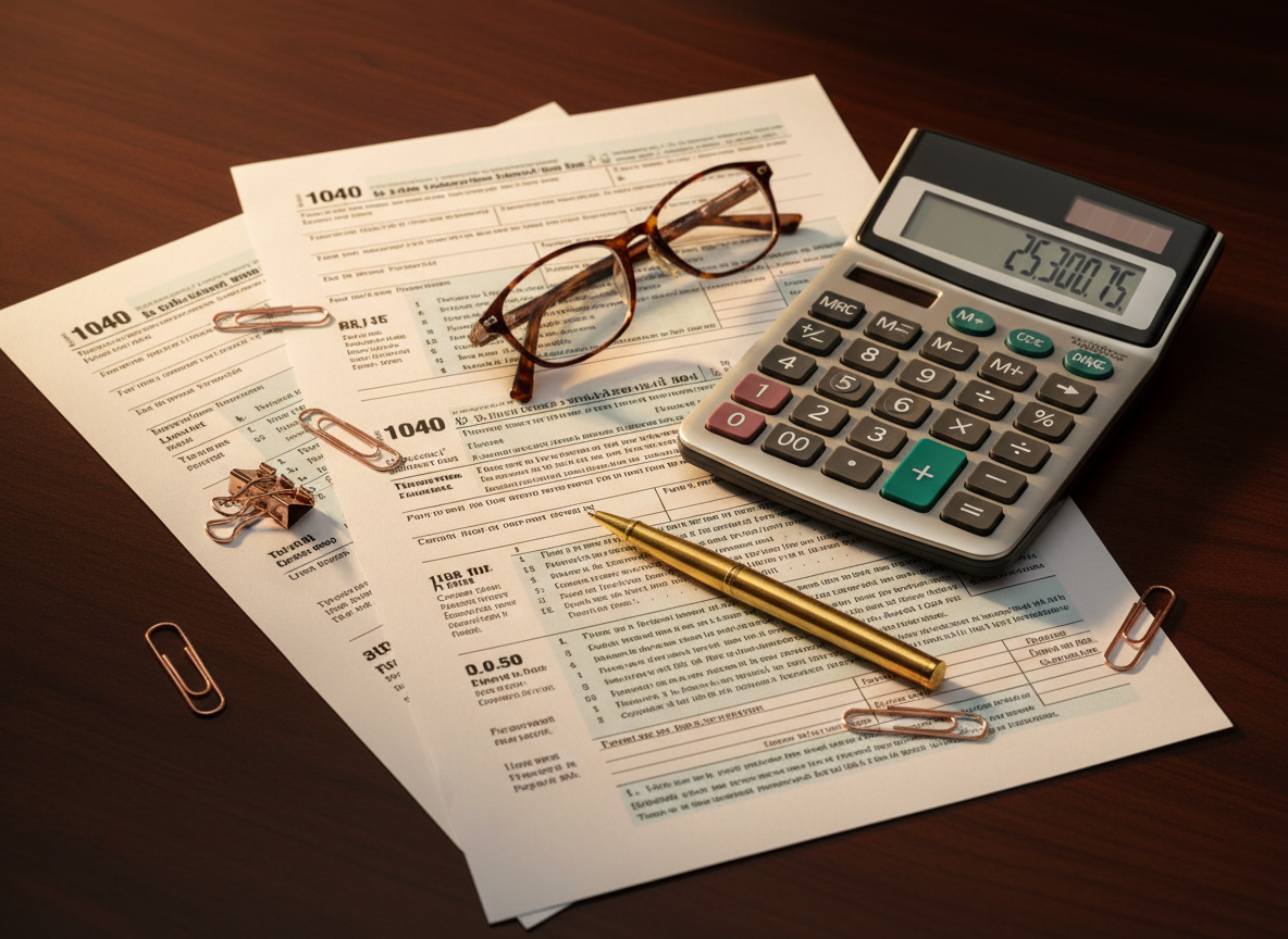 Professional tax documents and calculator arranged on a polished desk in a South Florida workspace