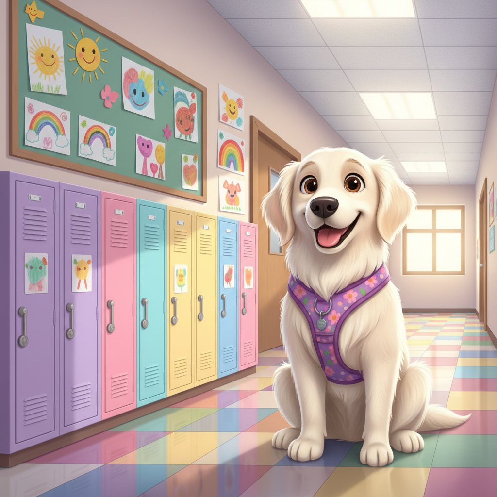 Mustang Sally — a white golden retriever wearing a purple and pink harness
