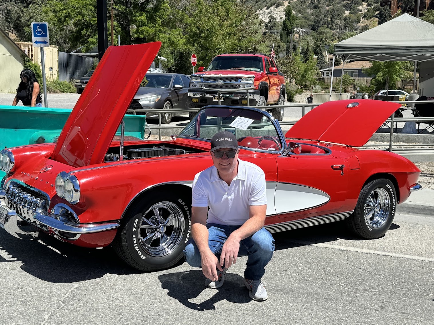 Classic red Corvette displayed at a local Frazier Park car show