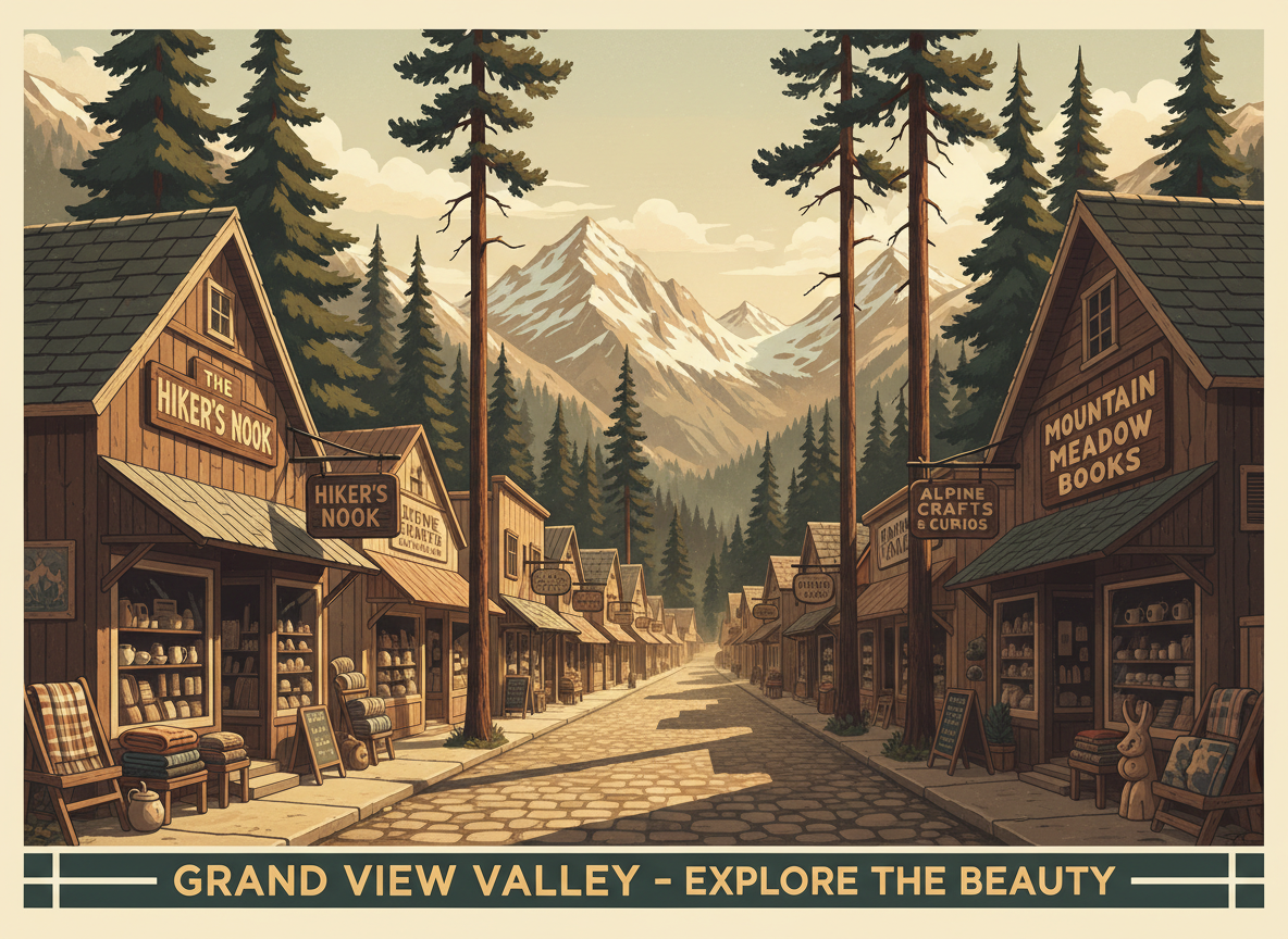 Charming rustic mountain town main street with boutique shops
