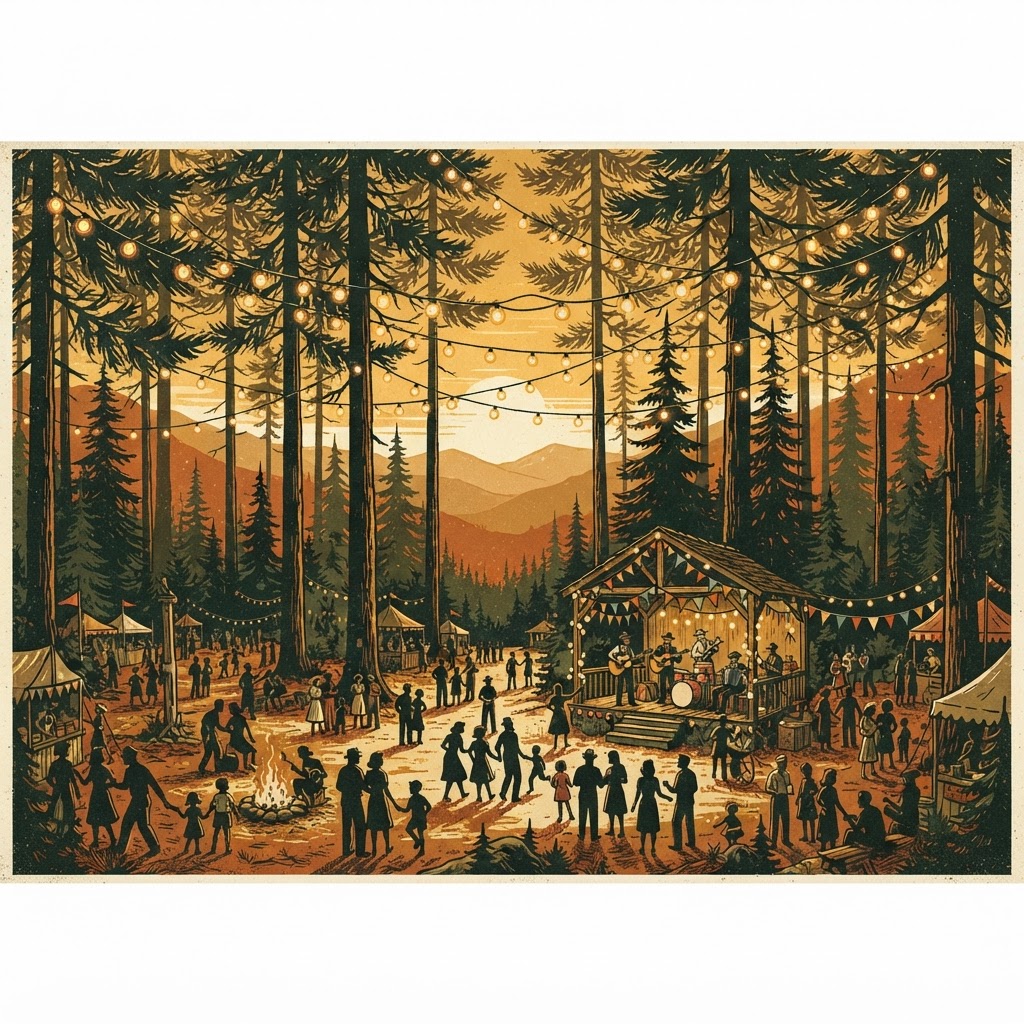 Mountain community gathering with festive string lights