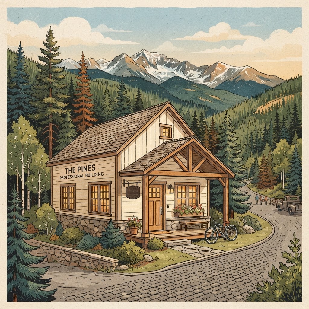 Cozy mountain town professional services office building with welcoming storefront