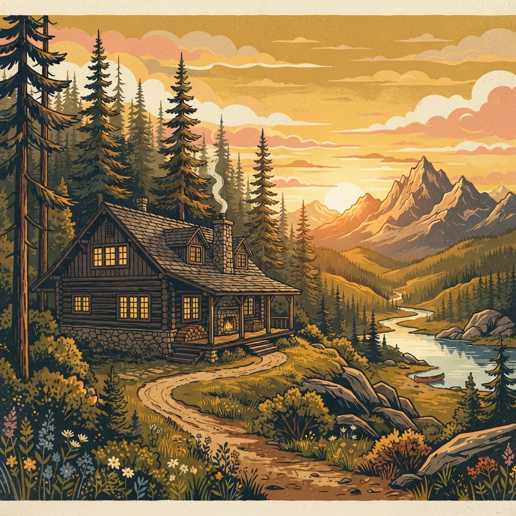 Rustic mountain cabin lodge nestled among tall pine trees at sunset