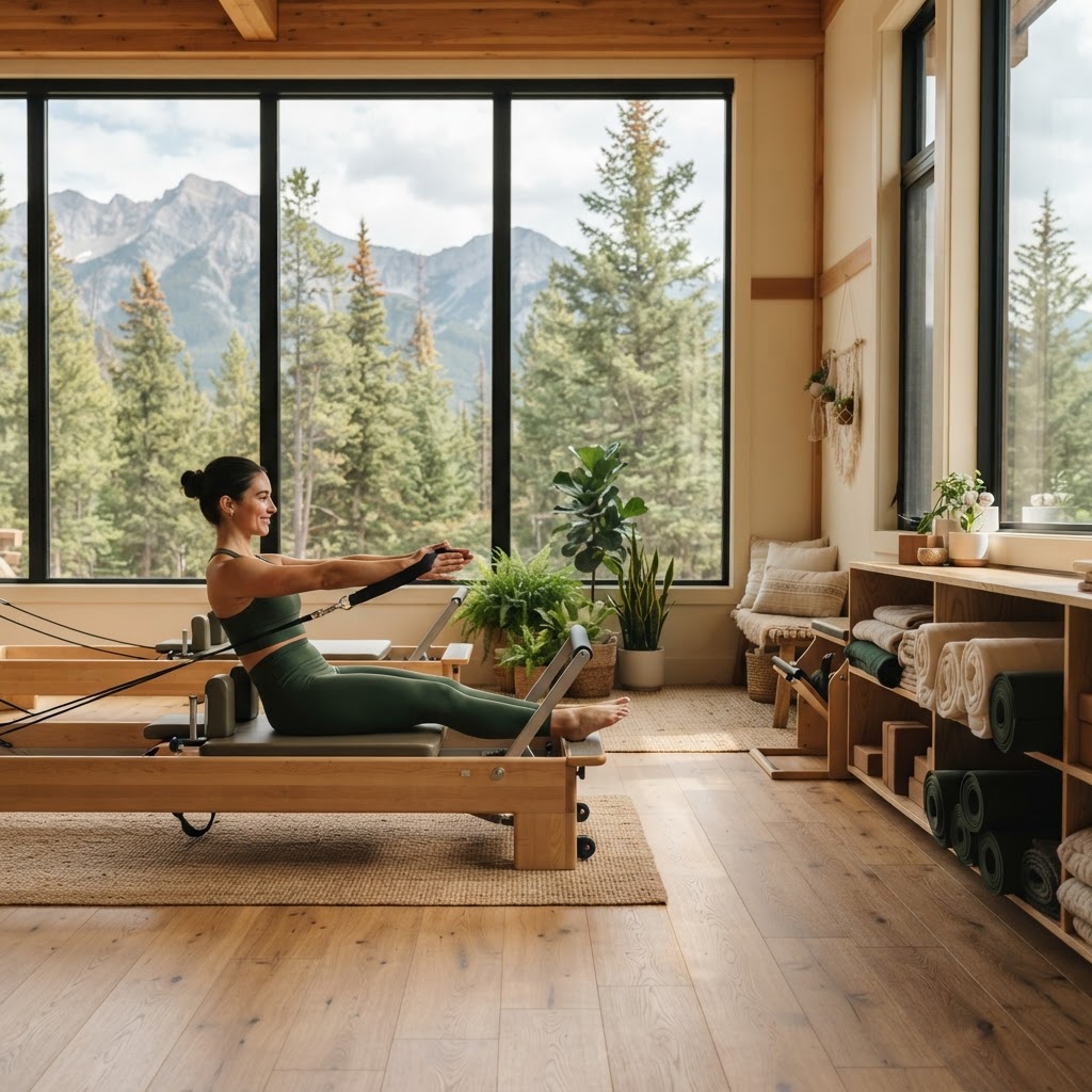 Serene sunlit mountain pilates and wellness studio interior with reformer and pine tree views