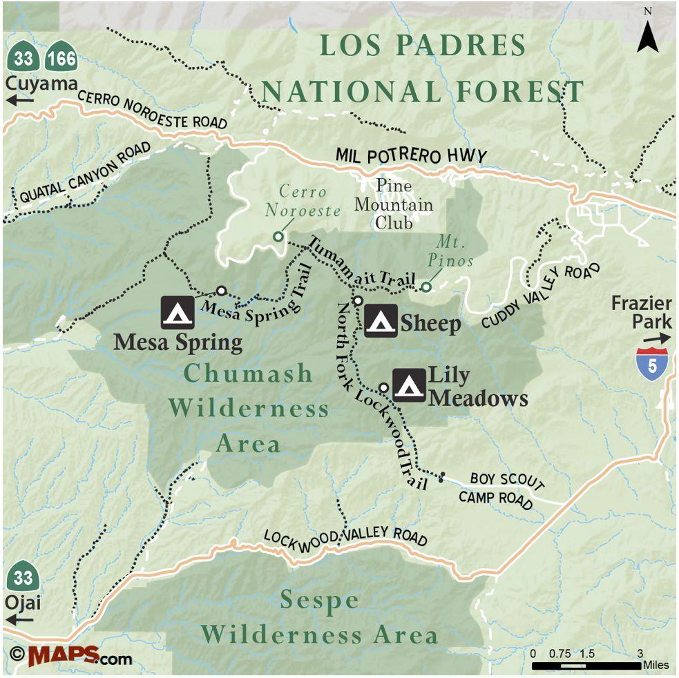 Topographical map of the Chumash Wilderness Area within the Los Padres National Forest