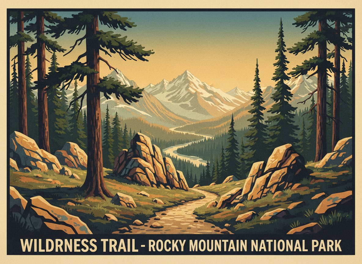 Mountain hiking trail through pristine wilderness with vast valley vista
