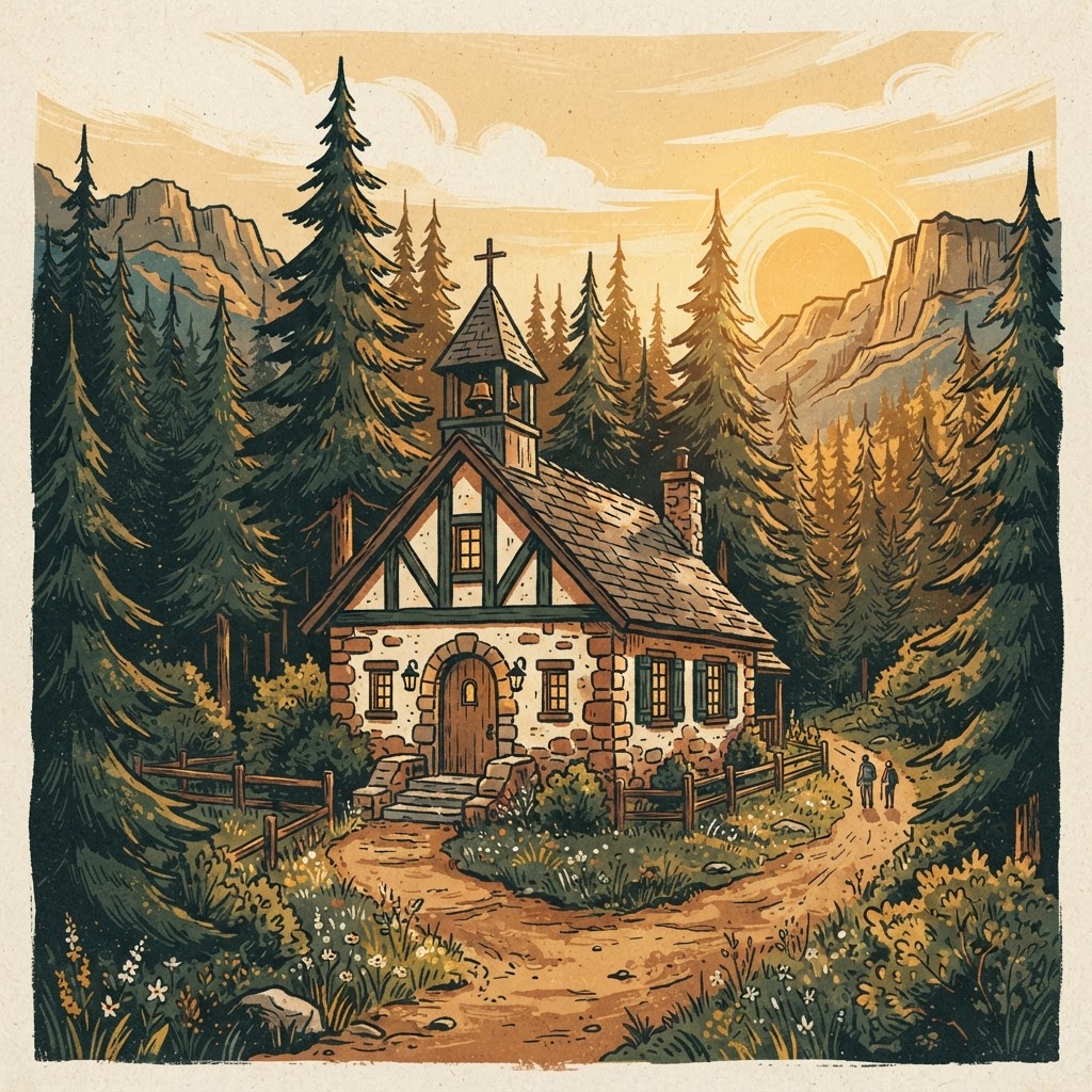 Charming mountain chapel with simple steeple nestled among tall pine trees