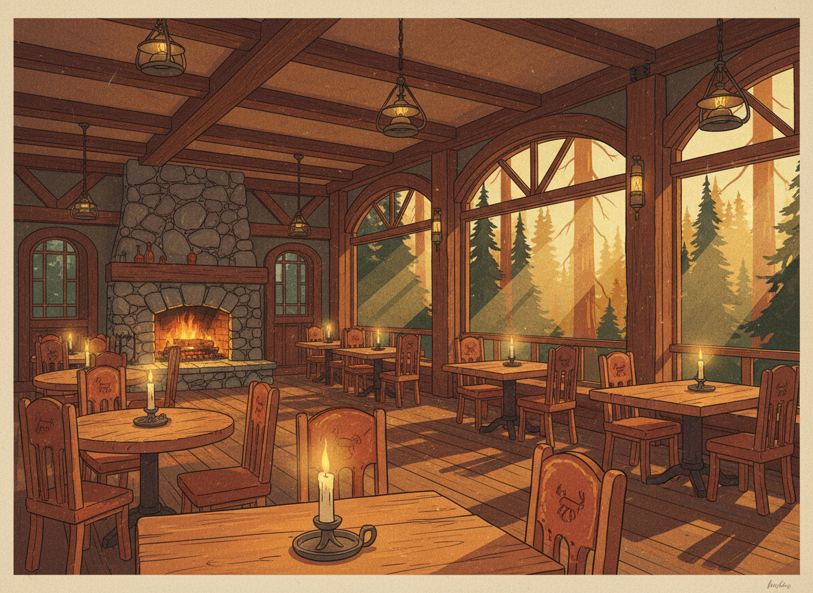 Cozy mountain restaurant interior with rustic wooden tables and warm fireplace