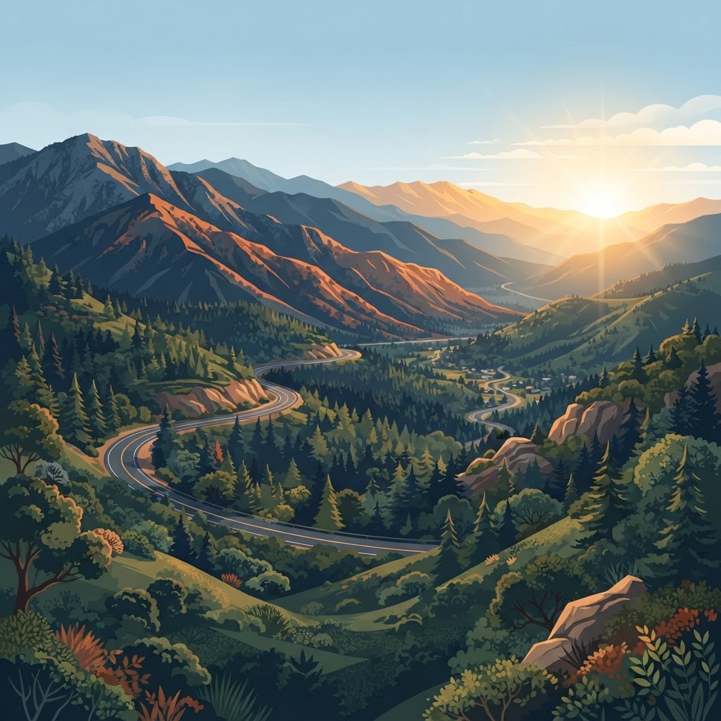 Mountain landscape at golden sunrise with deep-pine forests and blue-charcoal ridges