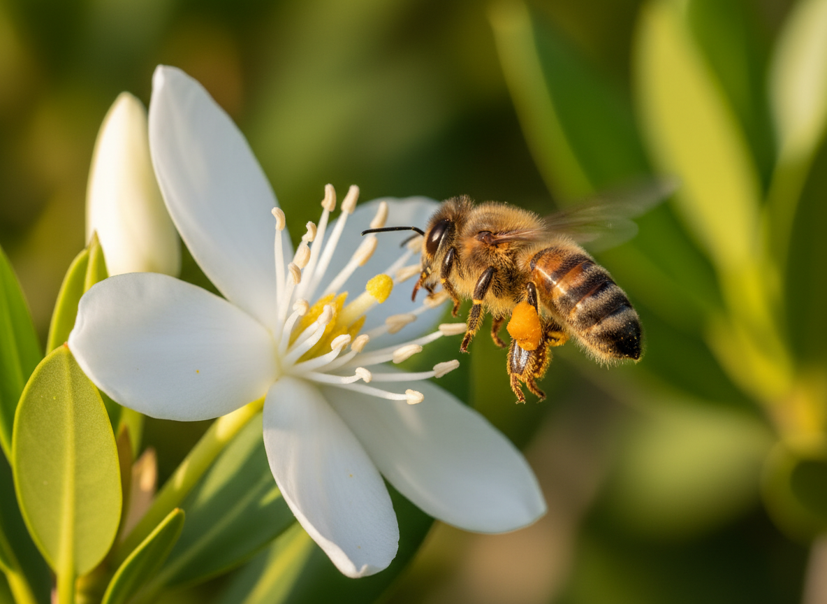 Honeybee approaching a Black Mangrove flower in flight