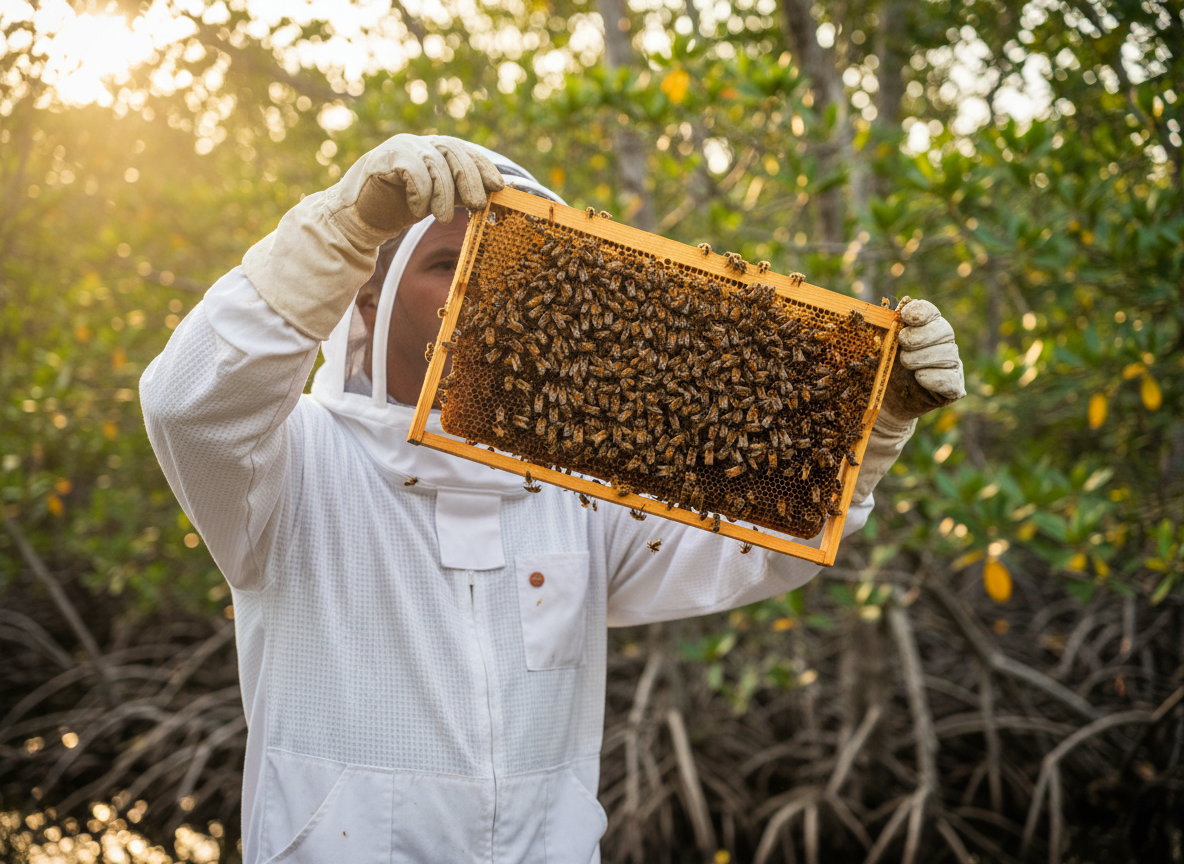 Beekeeper handling a frame of bees in Florida mangrove environment