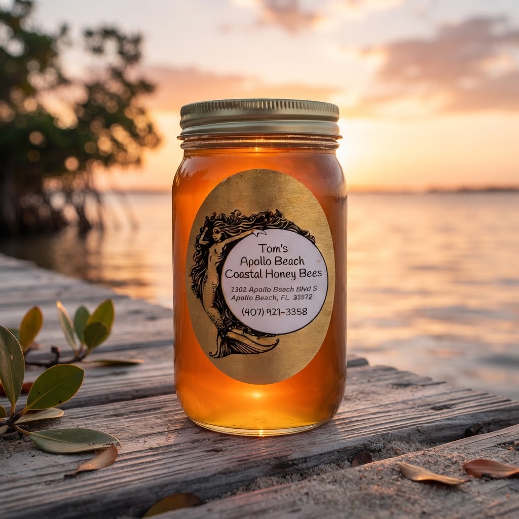 Golden honey jar on a weathered dock at Apollo Beach sunset with mangroves